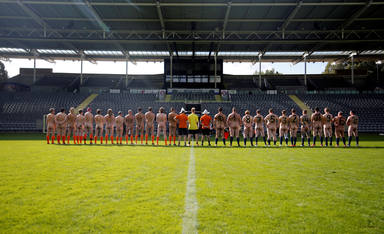 Naked footballers participate in a soccer match in Wuppertal